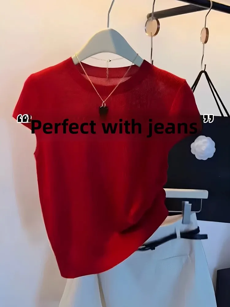 

Red Knitted Short Sleeve T-Shirt Women's Summer Outerwear Inner Match Slimming Breathable Base Shirt Top Thin Korean Style