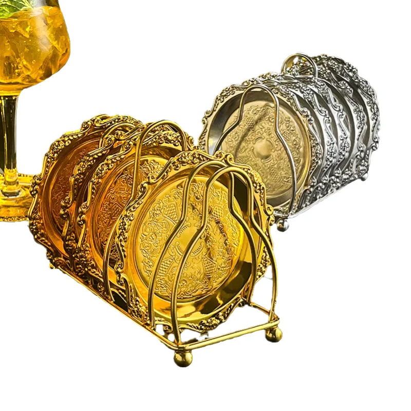 

6pcs mat + 1pcs holder Wood Coasters Table Cup Mat Kitchen Mat Pad For Bar Cocktail For Table Black Water Proof Stainless Steel