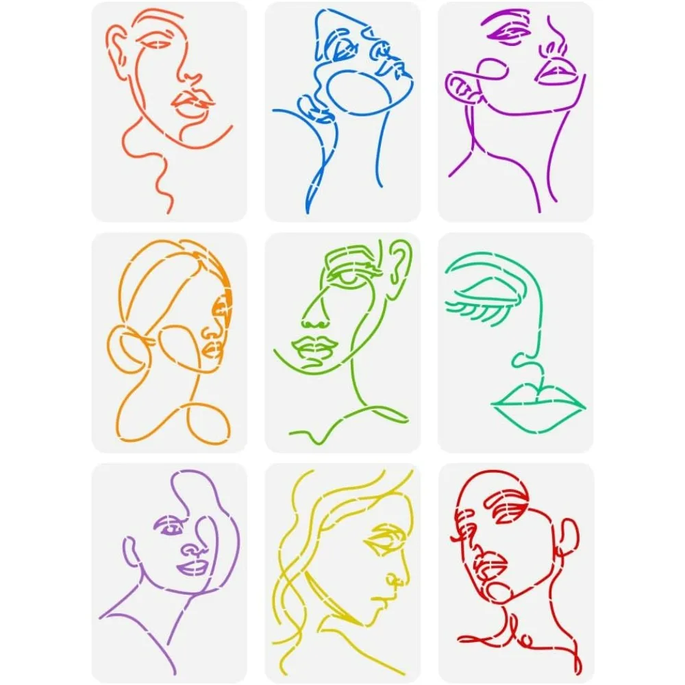 9PCS Lady Line Art Painting Stencil 8.3x11.7 inch Woman Face Painting Template Minimalist Line Facial Features Stencil Character