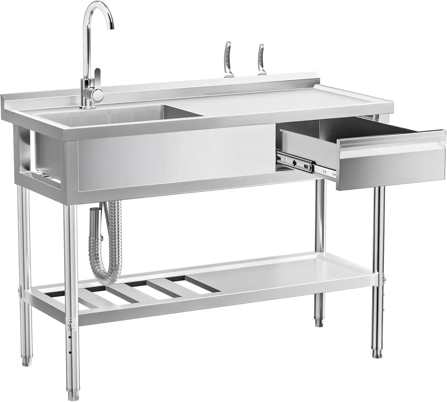 

47" 304 Stainless Steel Utility Sink, Free-Standing Commercial Sink with Workbench, Drawer Storage & Hot/Cold Water Pipes