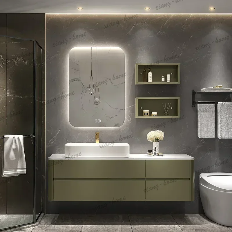 LD Luxury Bathroom Cabinets Vanity with Top Sink Slate Slab Integrated Washbasin Toilet Wall Storage Cabinet Bathroom