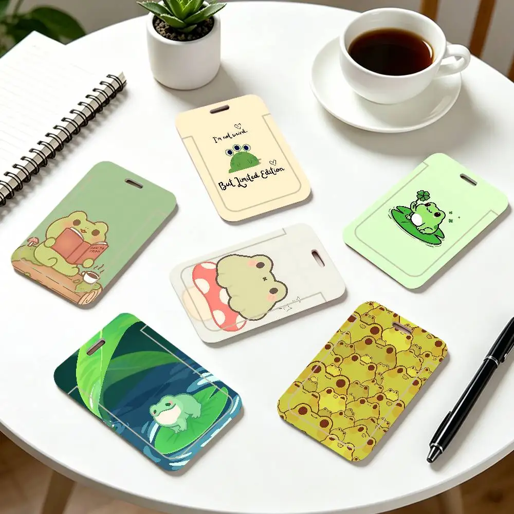 Cartoon Frog ID Card Holder PVC Badge Holder With Lanyard Slot Student Bus Card Cover Office Work Card Case