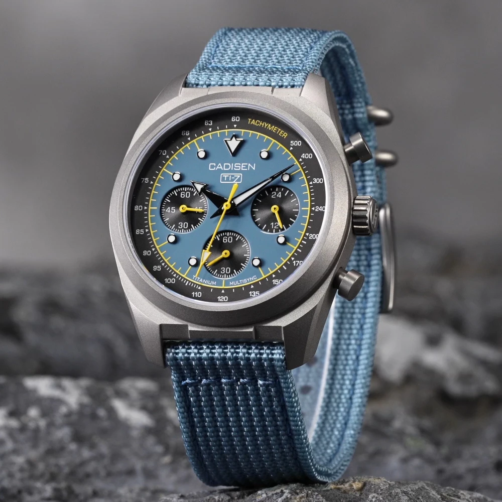 CADISEN Titanium TI-7 MULTISYNC New Moon Mens Watches Canvas Chronograph VK63 Men Gift AR Sapphire Luxury Quartz Watch For Man