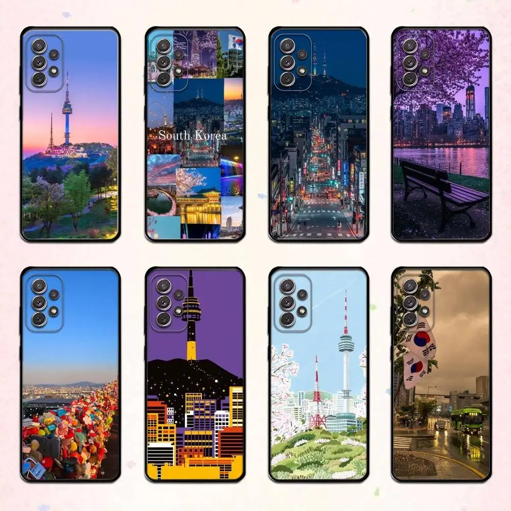 

South Korea S-SEOUL TravelS Phone Case For Samsung S 25,24,23,22,30,21,10,9,Ultra,Plus,Lite,FE,4,5 G Soft Black Case