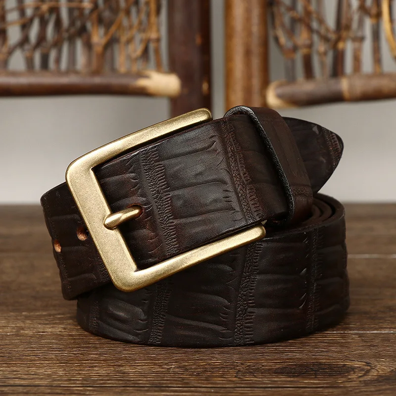 3.8CM Wide Man New Vintage top layer Cowhide Belt Men's Genuine Leather Needle Buckle Fashion Trend Embossed  Style Belts