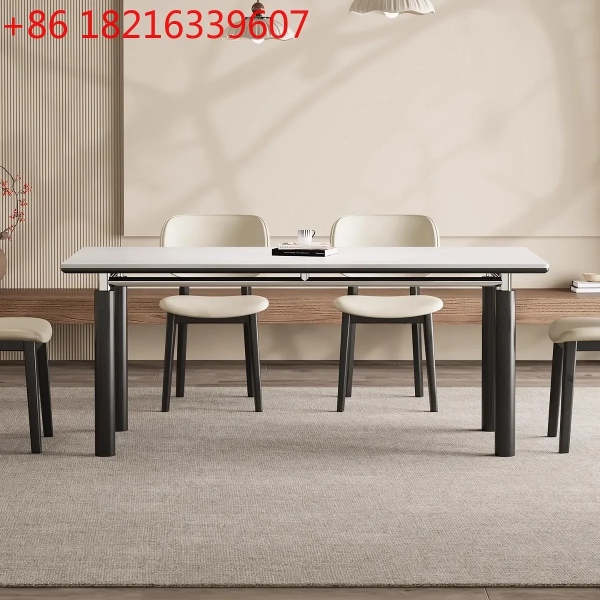 TAO Solid wood rock slab dining table household cream medium antique solid wood full support black rectangular high-end