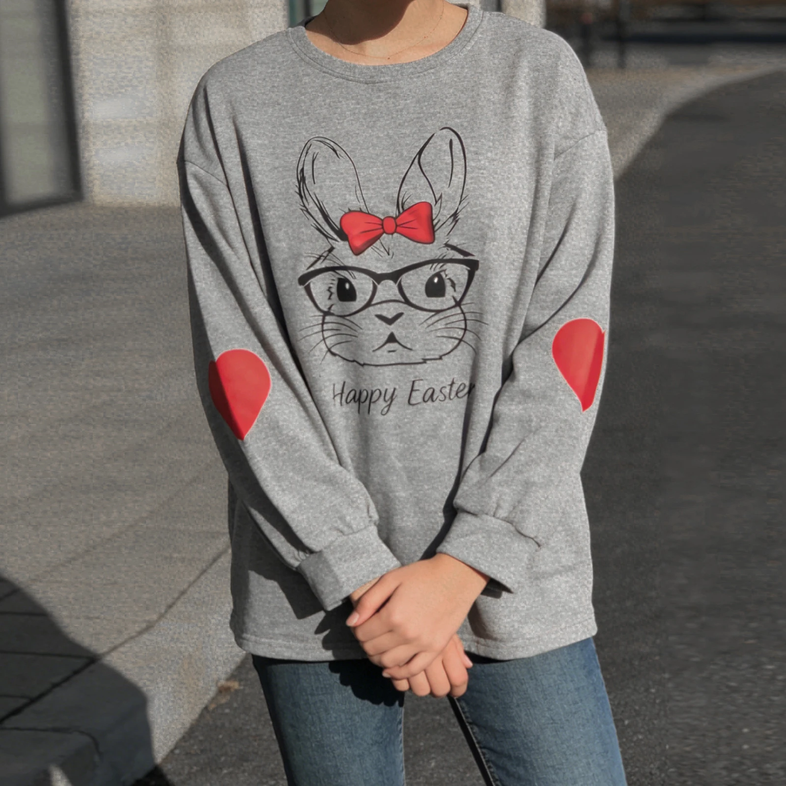 

Женская толстовка с принтом пасхального кролика, повседневная, с нашивкой в виде сердца, с длинным рукавом, круглым вырезом, графический пуловер для весны и осени