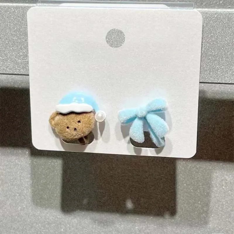 Asymmetrical Flocking Bow Bear Earclip Stylish Simple Cartoon Earrings Women