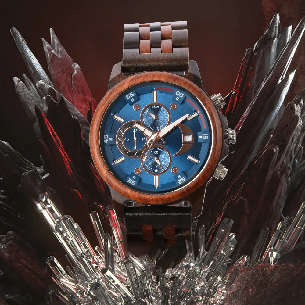 Amazon's hot selling men's sandalwood quartz watch cross-border e-commerce spot three-eye multi-function large dial wooden watch