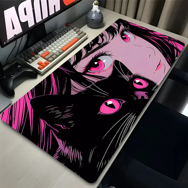 Black cat Mouse pad Kawaii computer Large mousepad keyboard pad game player office desk pad PC carpet Anime girl Mousepad XL XXL