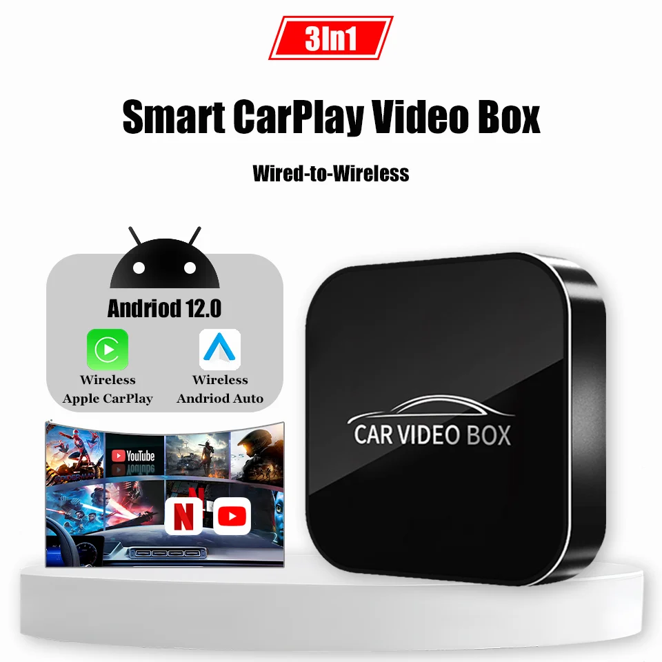 

Andriod 12.0 Smart ai Box Wireless Android Auto & Wireless Carplay 3in1 Multimedia Adapter Built-in Netflix YouTube Plug & Play