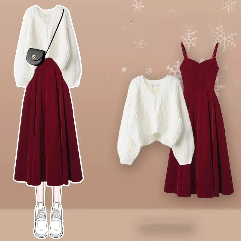 Spring/Autumn Single Outfits New Korean Style Fashion Women\'s Red Mid Length Dress Elegant Design 2 Piece Set