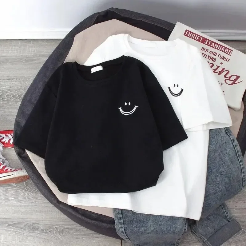 

T-Shirts Boys Girls Round Neck Short Sleeve Summer New Style Children's Smiley Face Printing Korean Style Loose Simple Top