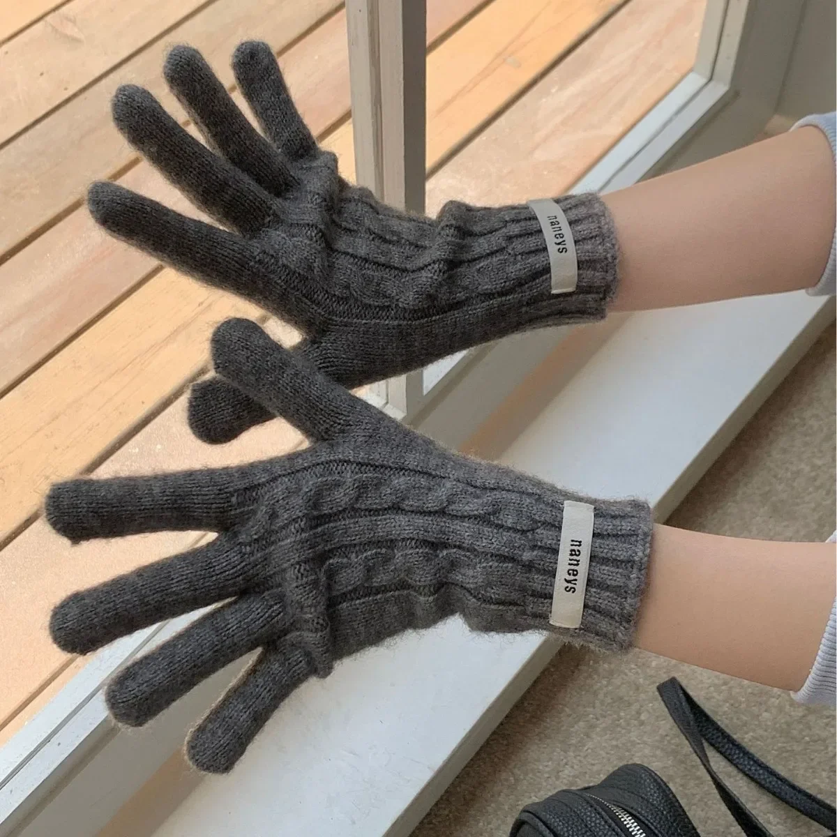 Gants coréens en laine avec écran tactile pour femme, mitaines de cyclisme en plein air, étiquette solide, froid vert, doigts complets, hiver