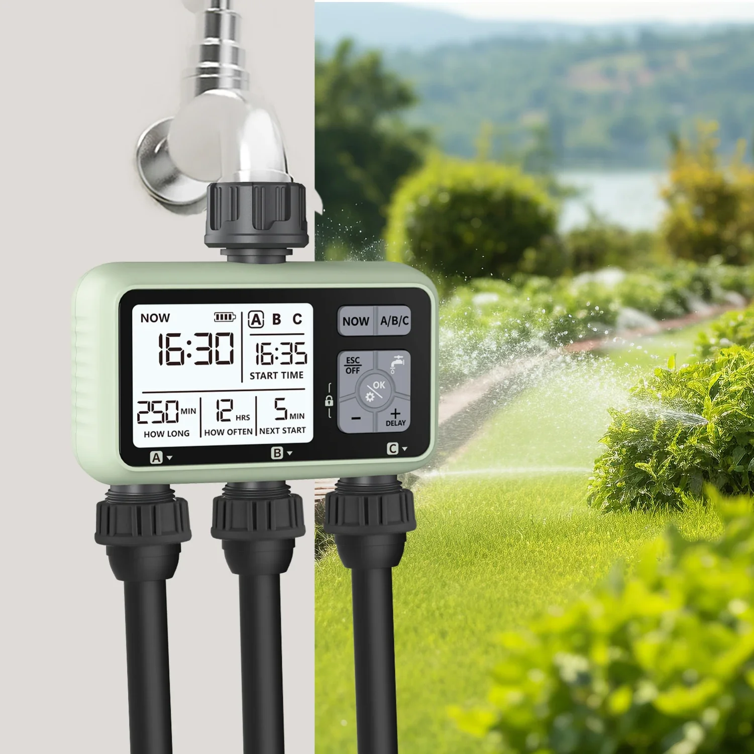 

Water Timer 3 Outlets Hose 3 Independent Watering Zone LCD Display Rain Delay Mode Manual Mode Watering Sprinkler Time