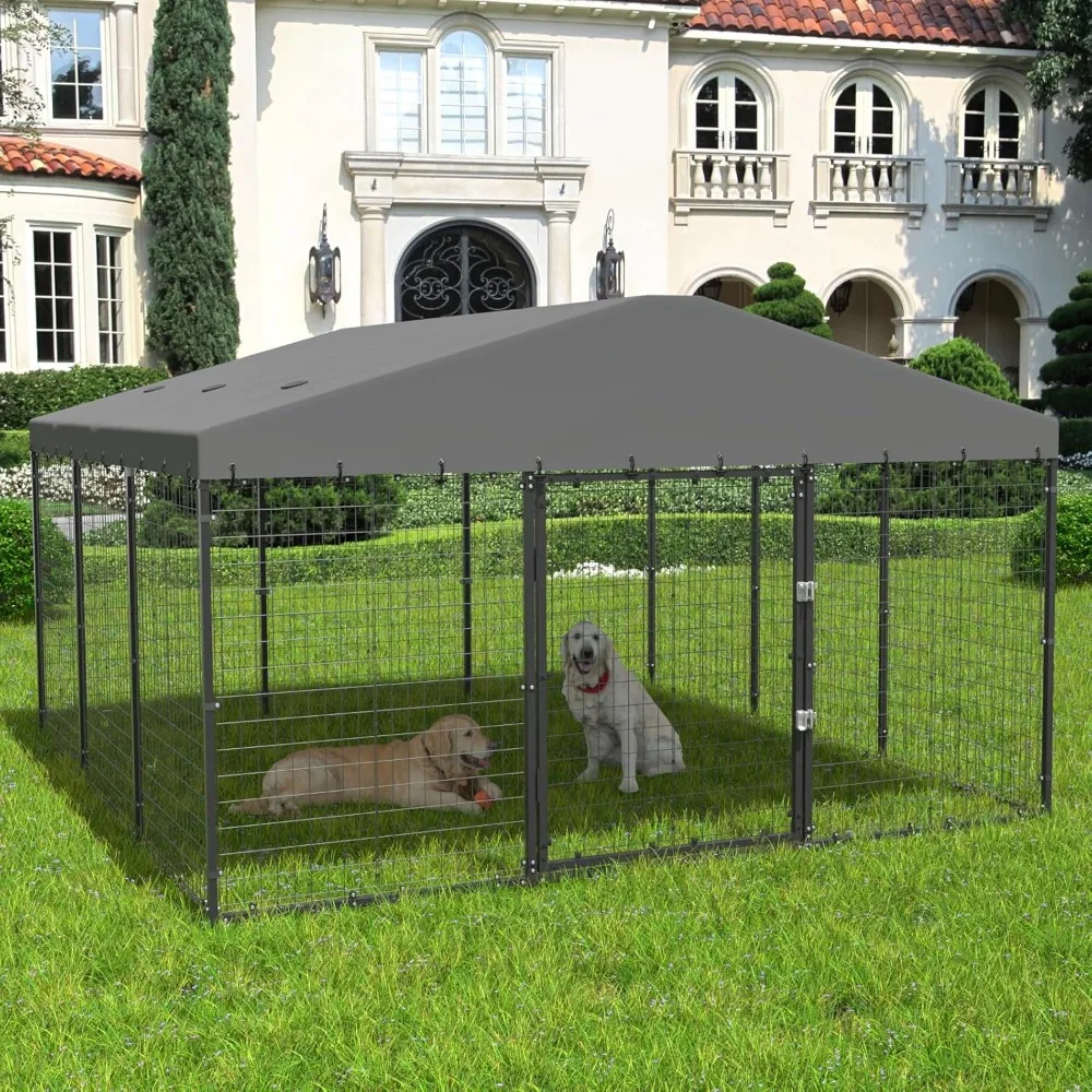 

10'x10' Large Outdoor Dog Kennel with Waterproof Roof Cover, Heavy Duty Dog Enclosures w/Upgraded Metal Grid and Door Locks for