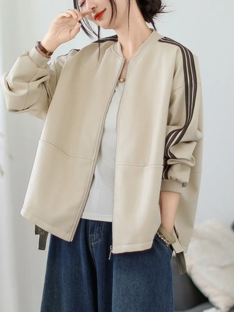 Retro artístico ort suelto cuello alto cuero Jaet Long Sve Casual versátil Faionable prendas de vestir exteriores de mujer otoño nuevo...