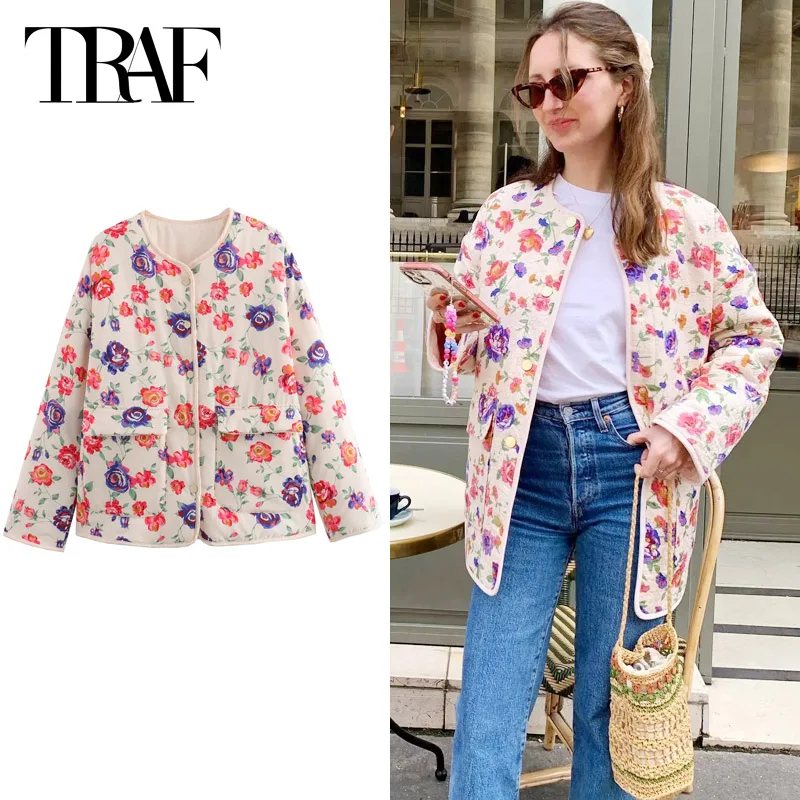 TRAF Woman\'s Quilted Jacket Spring 2024 Print Crop Coat O-Neck Long Sleeves Top New In Coat Elegant Quilted Jacket New Arrivals