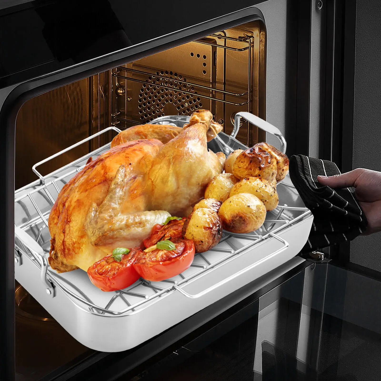 

Roasting Pan with Baking Rack16.5 Inch Rectangular Stainless Steel Turkey Roaster Pan with Rack and Turkey Baster Easy Clean