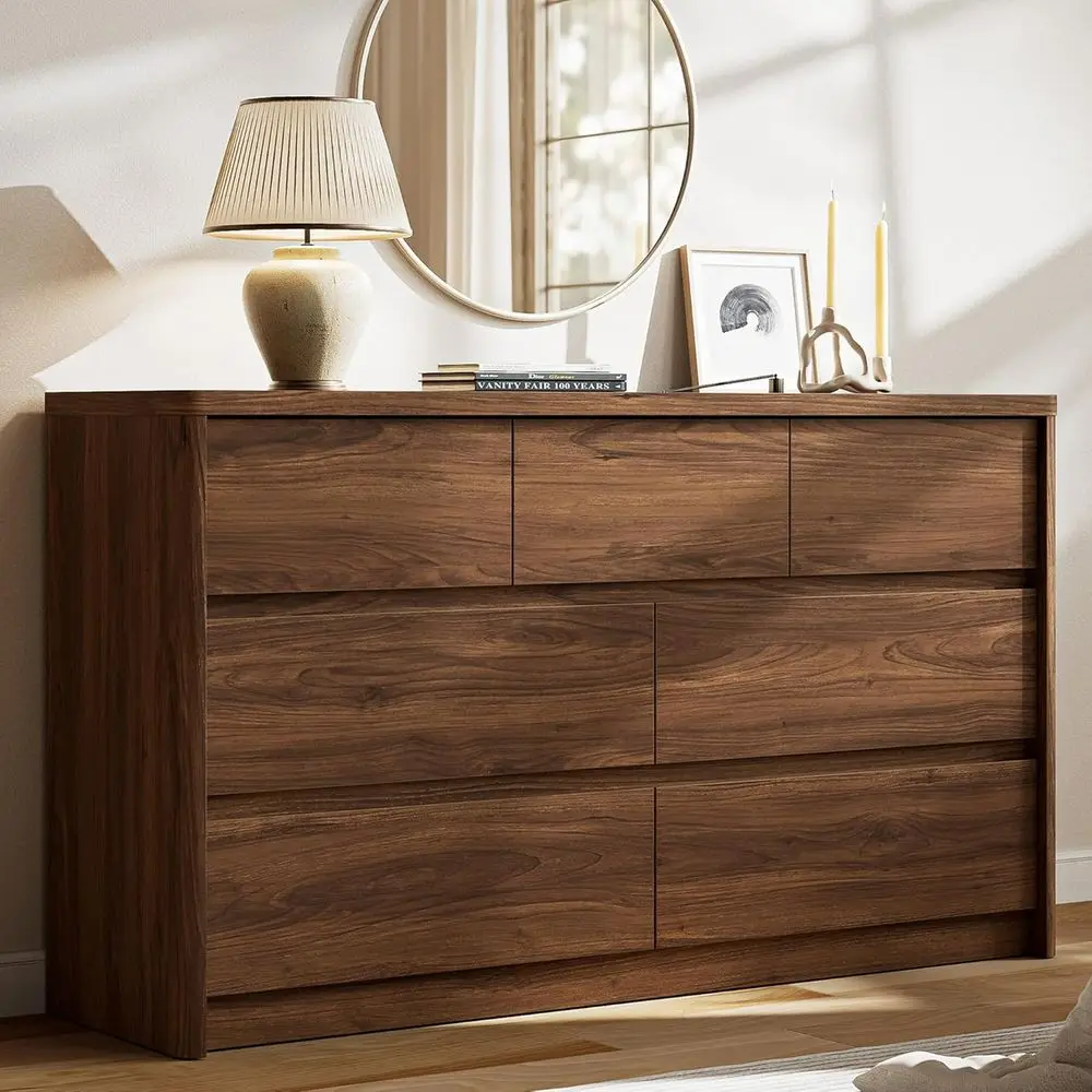 7 Drawer Wide Walnut Chest with Curved Edges and Large Storage Spaces