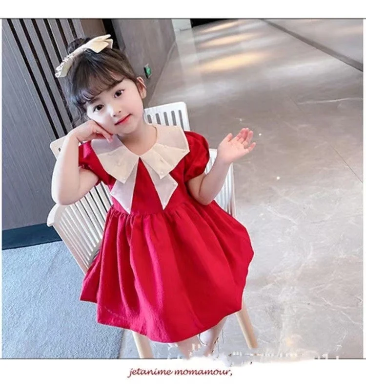 1-4YChildren\'s dress for girls 2023 summer new bubble sleeve red fashion princess dress sweet dress for baby girls