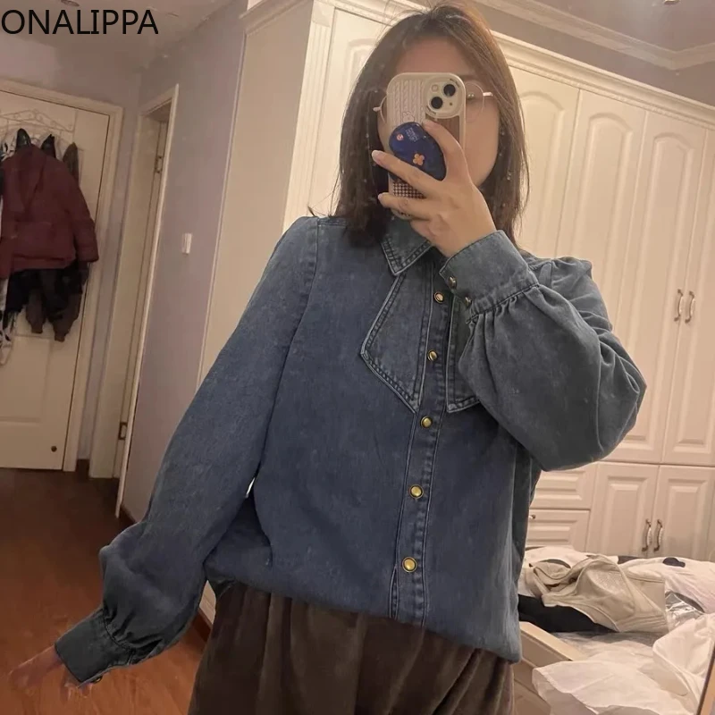 Onalippa Vintage Bow Denim Blouse Women Turn Down Collar Puff Long Sleeves Loose Shirts Korean All Match Solid Color Blouses