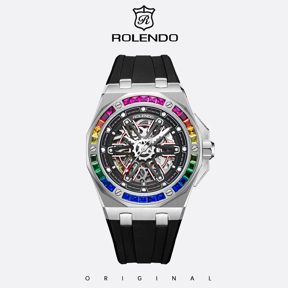 ROLENDO Luxury Men Automatic Watches Two Tone Gold Steel Diamond Bezel Moon Phase Full Calendar Waterproof Watch For Gift
