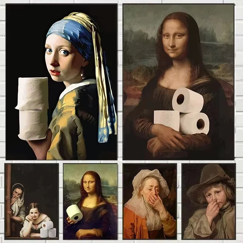 Oil Painting By Numbers Kits Funny Mona Lisa Wearing Pearls Girl Bathroom Toilet Roll Home Wall Decor Picture,Without Frame