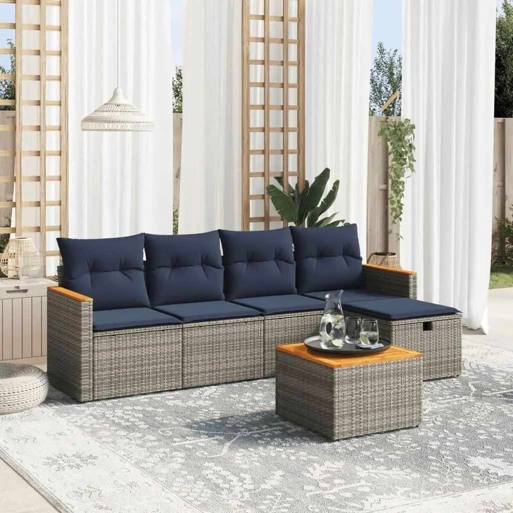 

6-компонентный серый поли-ротанговый диван для патио на открытом воздухе с удобными подушками, садовая мебель