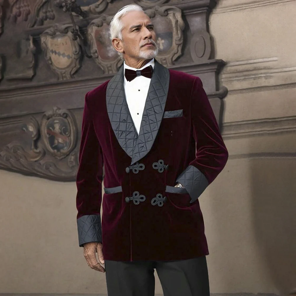 

Formal Bugundy Men's Suits Fashion Double Breasted Black Shawl Lapel 2 Piece Jacket Pants Sets Cusomized Outfits Clothing