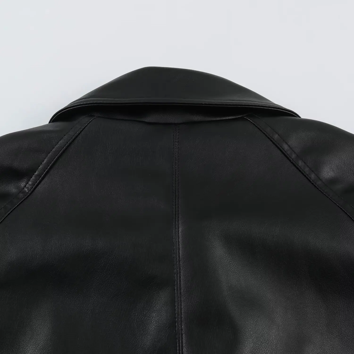Women Leather Effect Jacket with Belt Lapel Collar Zip Up Long Sleeve Slim Fit Elegant Coat Autumn Winter Outerwear Fashion