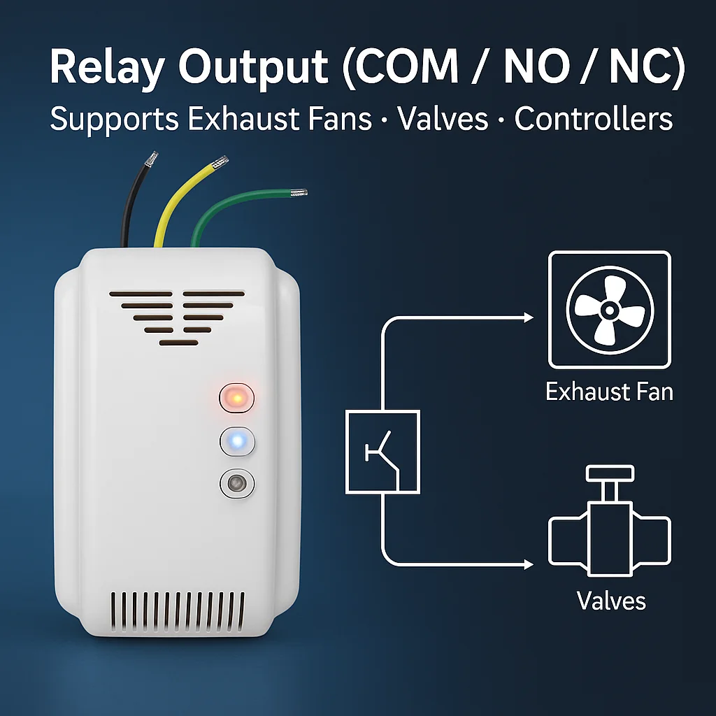 85dB 12V gaslekalarm, zeer stabiliteitssensor, automatische foutdetectie voor ventilator-/klepkoppeling