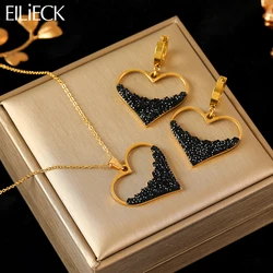 EILIECK 316L Stainless Steel Large Heart Sparkling Black Stone Necklace Earrings Set For Women New Party Gift Waterproof Jewelry