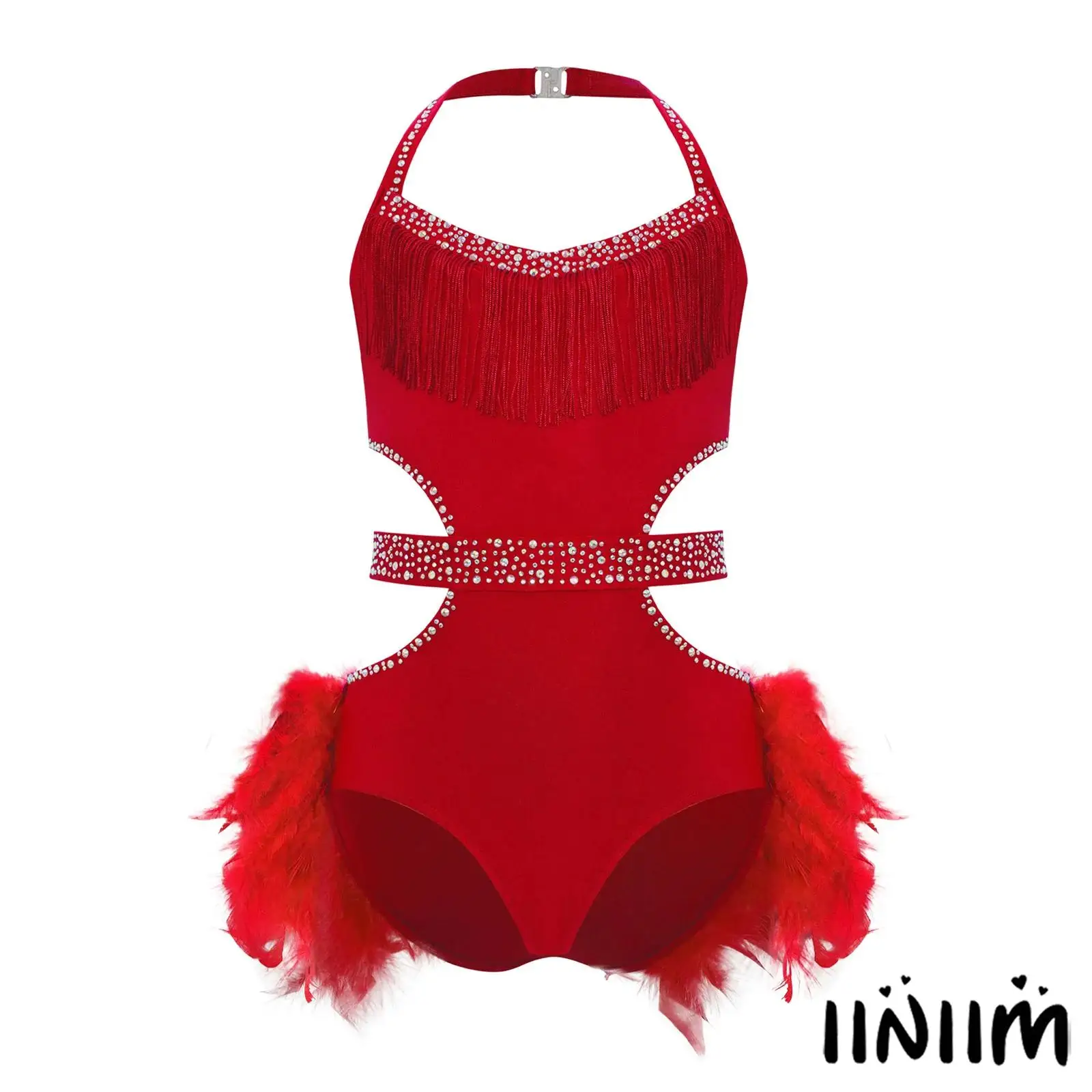 

Kids Girl Latin Dance Leotard Halter Sleeveless Cutout Sparkly Rhinestones Bodice Feather Skirted Leotard Latin Ballet Dancewear