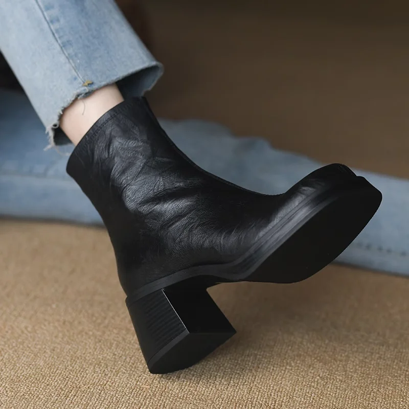 Platform Boots Square Heel Street Style Winter Shoes Woman Square Toe Cowhide Casual Shoes Spring Autumn Chelsea Boots Side Zip