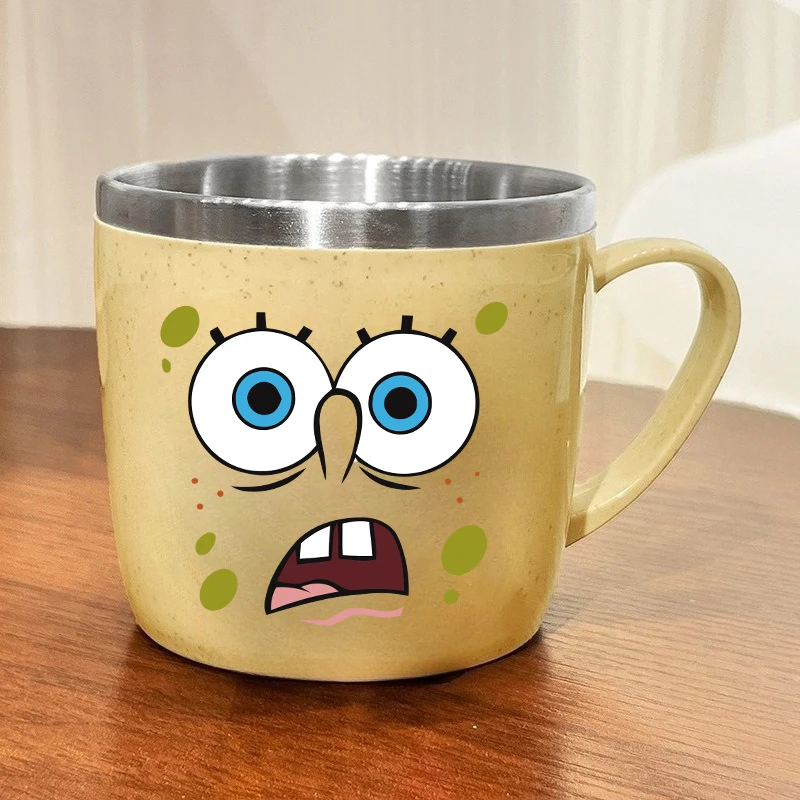 SpongeBobs Stainless Water Cup Boys Girls Kawaii Letter A-Z Gargle Toothbrush Cup Kids Breakfast Milk Coffee Mug Children Gift