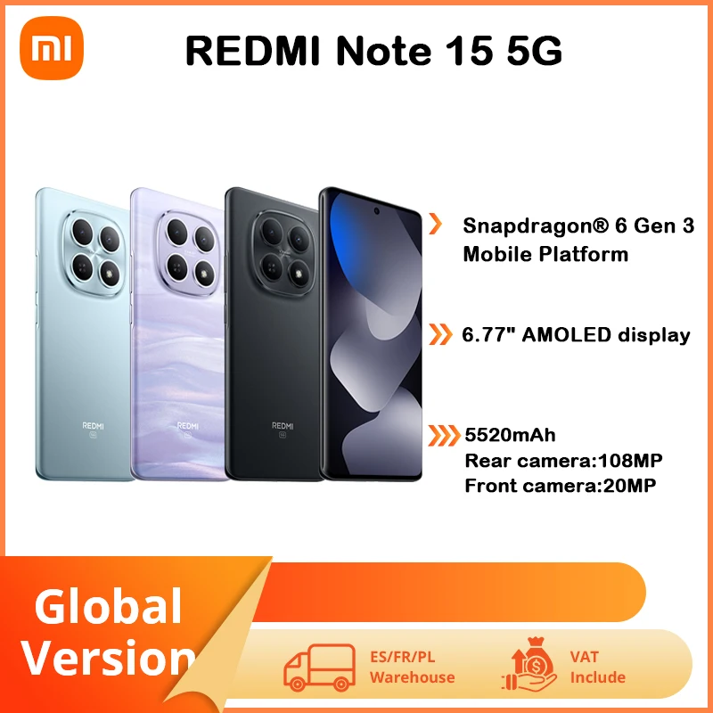 Xiaomi Redmi Note 15 5G NFC Version Globale 6.77 " AMOLED Snapdragon ® Caméra 6 Gen3 108MP IP66