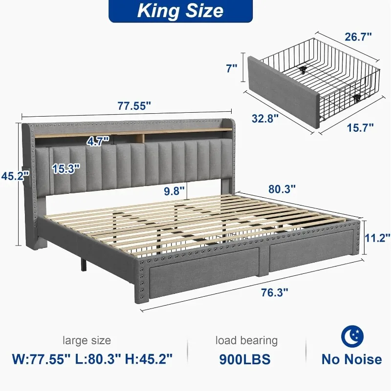 

King Size Bed Frame with 2-Tier Storage Headboard, Upholstered Platform Bed Frame with 2 Storage Drawers
