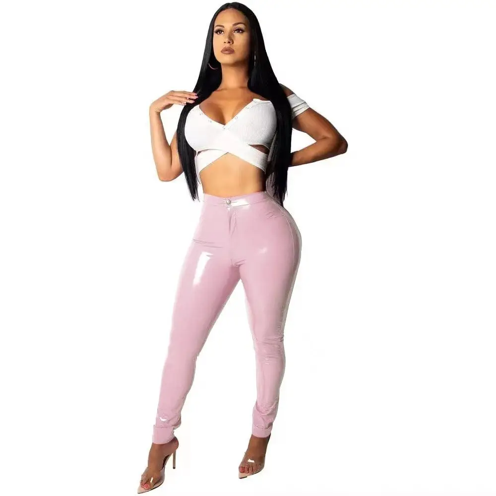 Sexy Peach Hip Leather Pants Women Open Crotch High Waist Slim Push Seamless Leggings Outdoor Sex Night Club Exotic PU Trousers