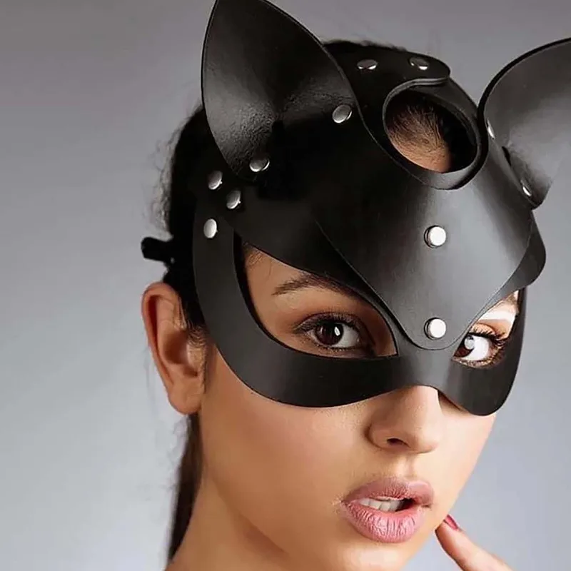 ​​SEXY Leather Fox Mask Rhinestone Studded Blindfold XXX Adult Party BDSM Tease Accessories Pup Play Erotic Face Shield Set