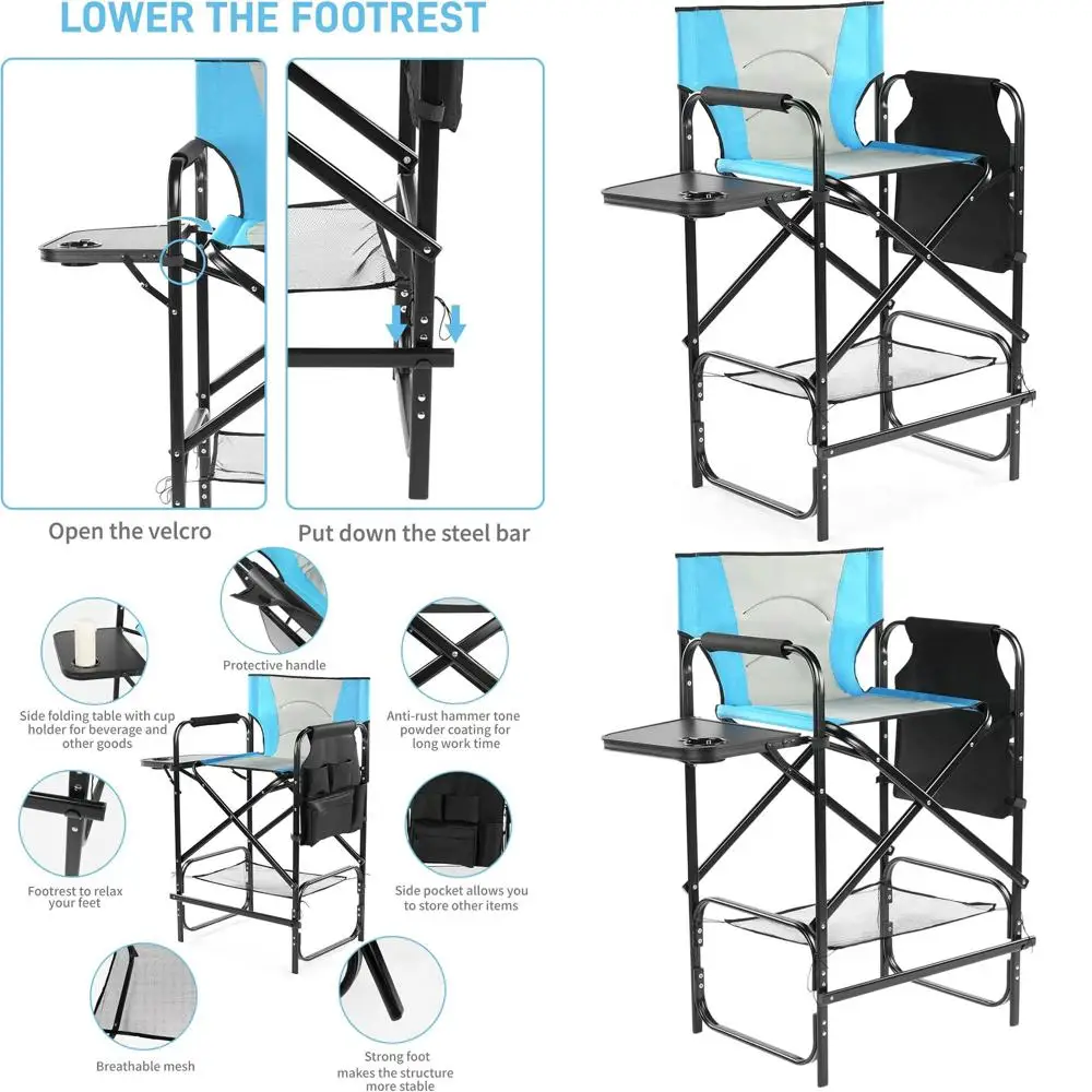

Portable Folding Directors Chair with Side Table and Storage Bag, 300 lbs Capacity, Blue/Black
