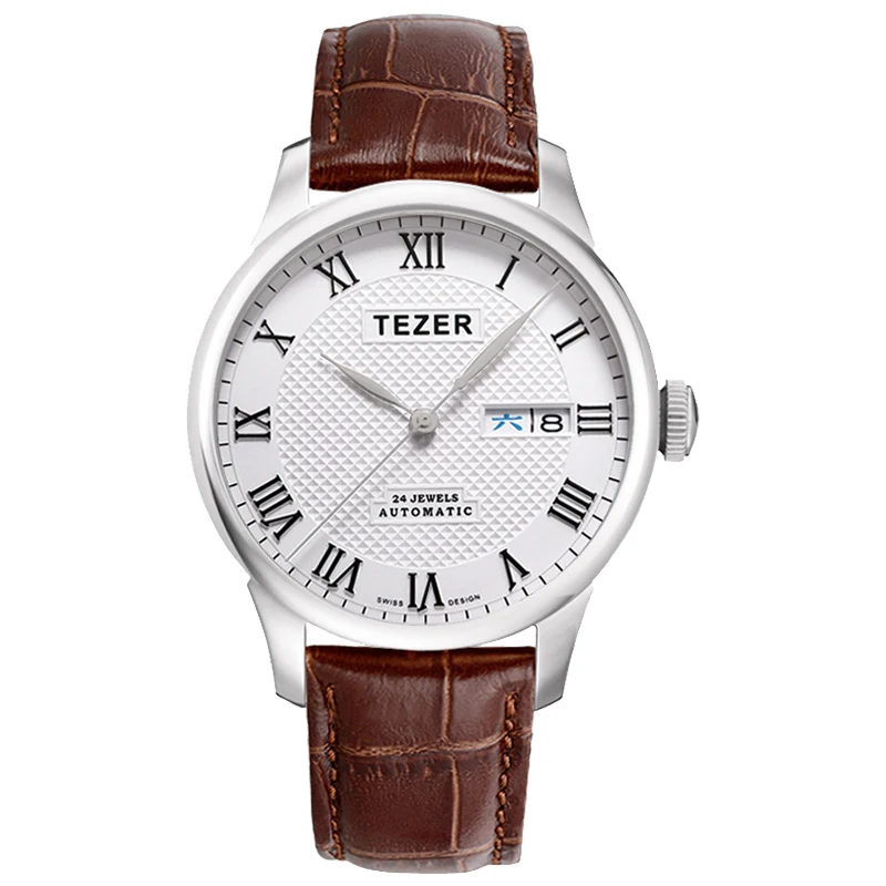 TEZER Men Automatic Watch | Roman Numeral Dial | Day‑Date | Sapphire Glass | 50M Water Resistant Mechanical Wristwatch