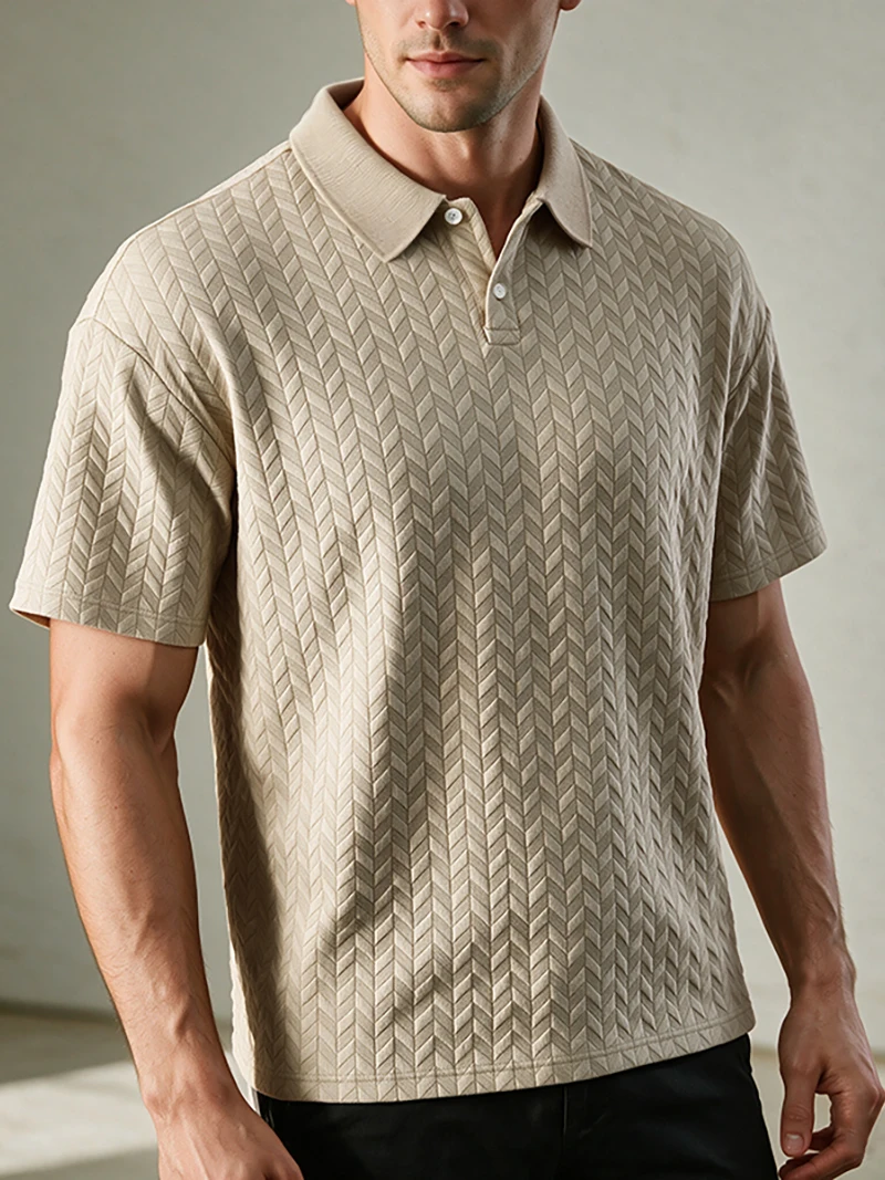 Herren-Poloshirt mit strukturiertem Jacquard-Muster, kurzärmelig, lockere Passform, vielseitig einsetzbar, für den Alltag, für den Urlaub, für die Freizeit, für den Sommer, Freizeitoberteile – Detail 3