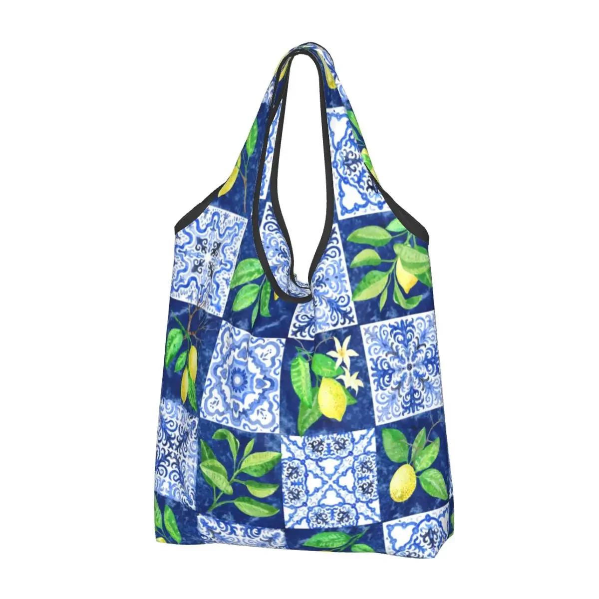 Mediterranean Tiles Summer Fruit Lemons Grocery Shopping Tote Bag Women Cute Shopper Shoulder Bags Big Capacity Handbag