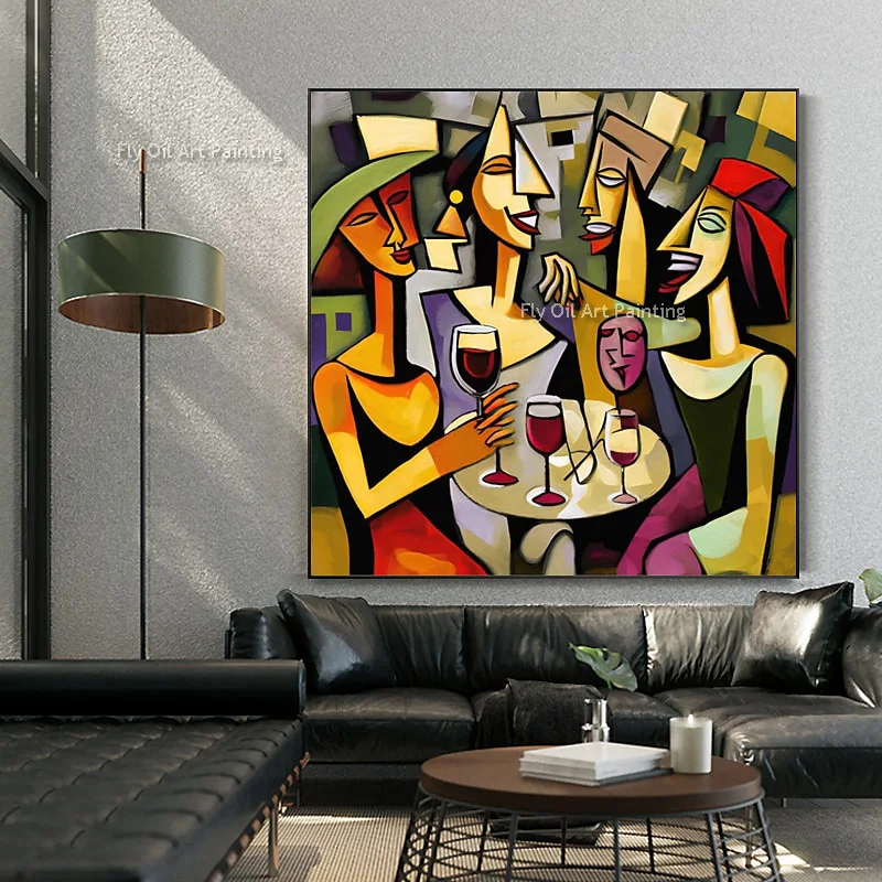 Picasso-pintura al óleo abstracta especial para mujeres, pintura al óleo pintada a mano, personas coloridas y vino tinto, arte de pared sobre lienzo para decoración