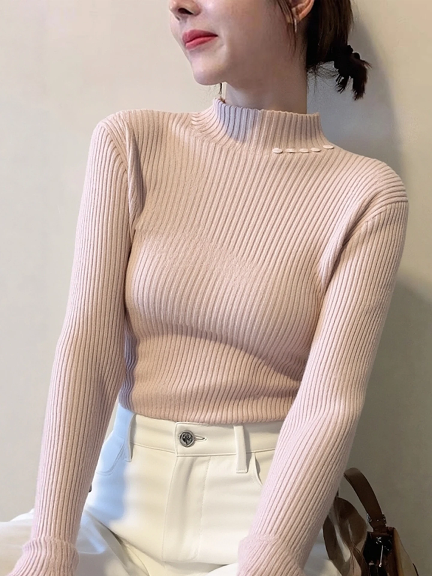 

Ele Winter Knitwear Women's Long Sve f High Collar Striped Slim Fit Base irt Comfortable Commute Korean Sle