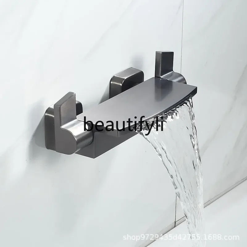 All copper gun gray waterfall bathtub faucet hot and cold wall type large flow water mixing valve shower shower set