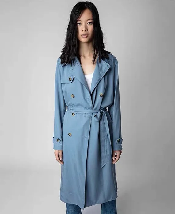 Zad*Vol* Winter Women Trench Jacket Coat Blue Color Lycell Full Sleeves Casual Long Version Elegant England Style