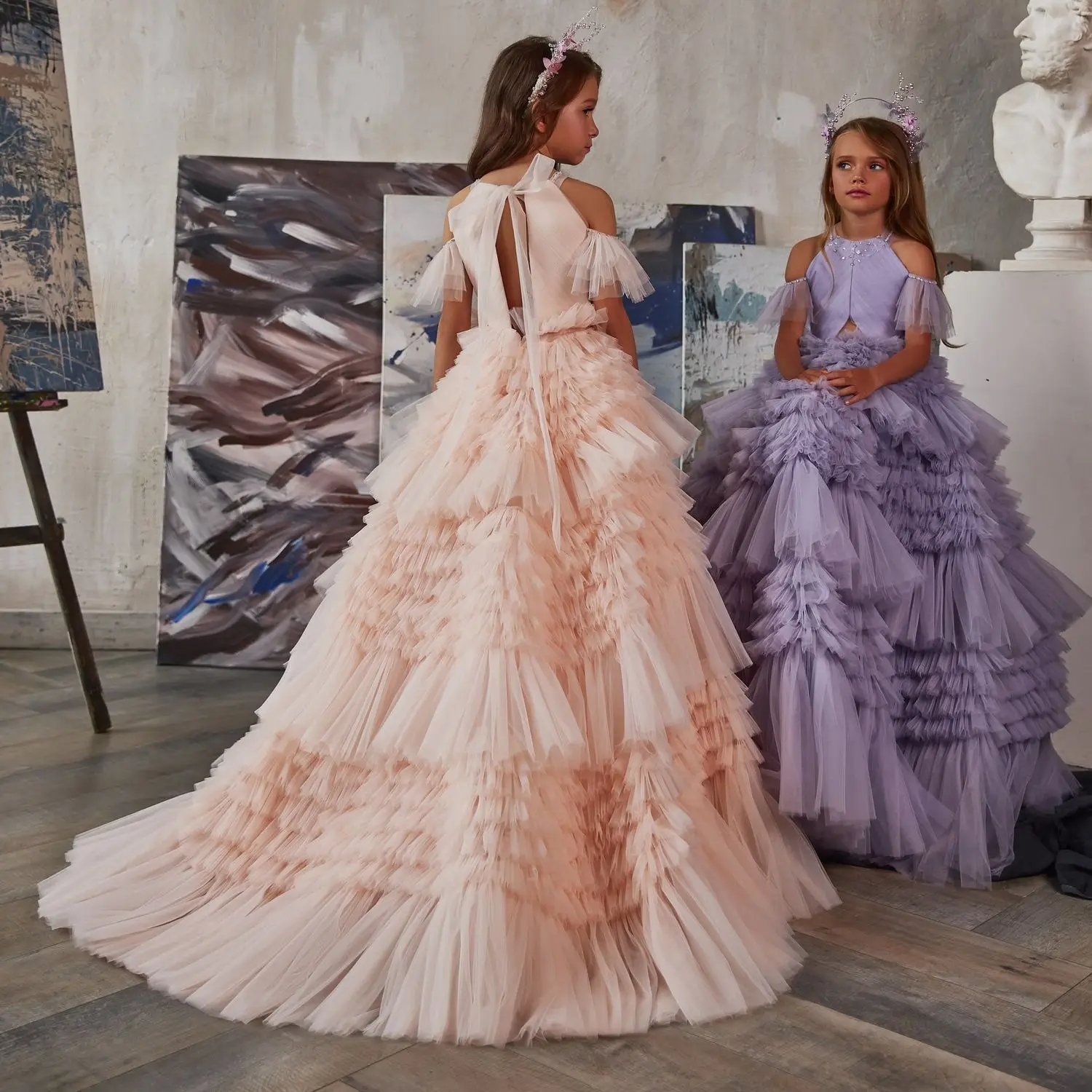 Vestido de princesa de línea a con volantes para niña, traje de baile de niña de flores, vestido de fiesta de bambini ragazze, vestido de fiesta de graduación, disfraces de Grace