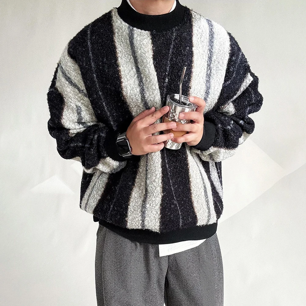 

Мужская весенняя мягкая пушистая теплая повседневная футболка с цветными блоками, модная повседневная уличная универсальная молодежная верхняя мужская одежда, новинка 2026 года